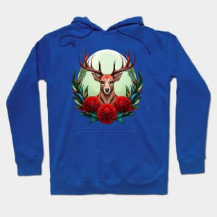 Ohio White Tailed Deer Surrounded By Red Carnations Tattoo Art Hoodie